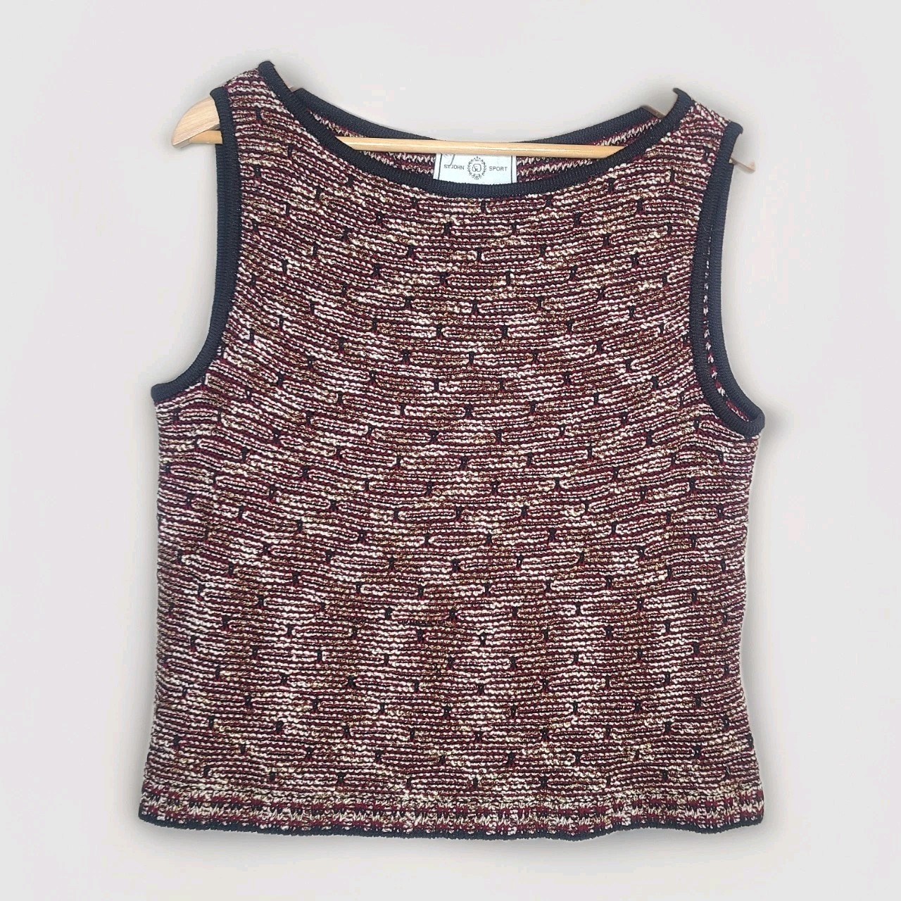 St. John Sport Knit Shell Top L Plum Black Textured Sleeveless Wool Blend Tank